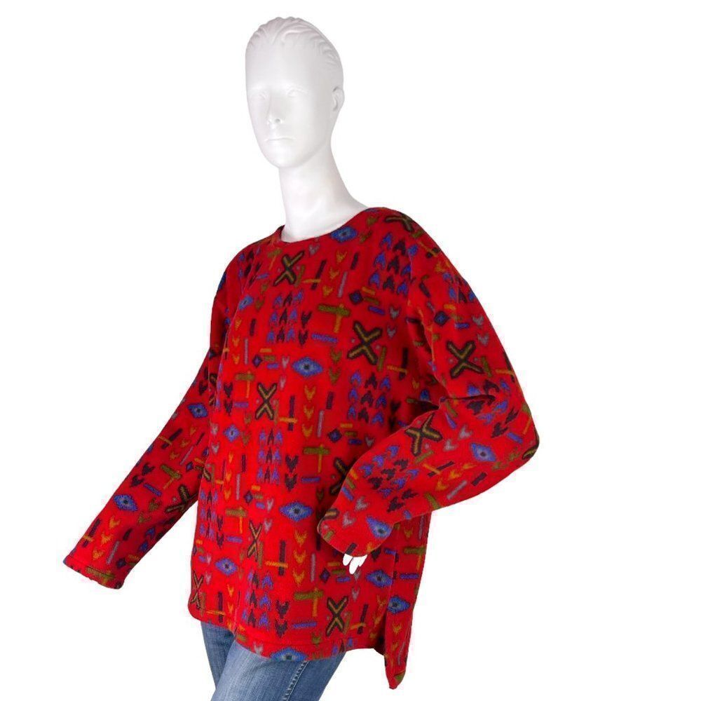 90s Vtg Purple Mountain Polartec Red Fleece Southwestern Design Crewneck Top M